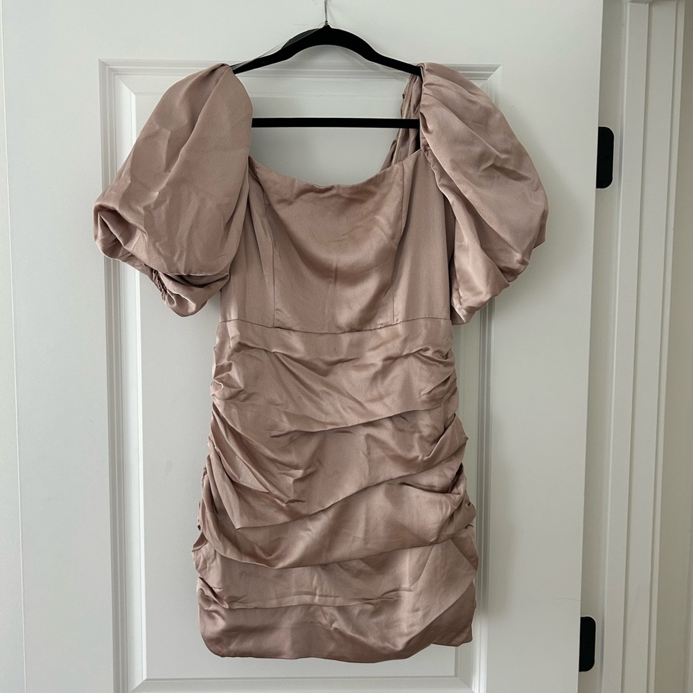 DO+BE Tan Ruched Puff Sleeve Mini Dress
